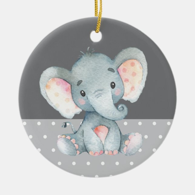 Cute Elephant Baby Shower Grey Ceramic Tree Decoration (Front)