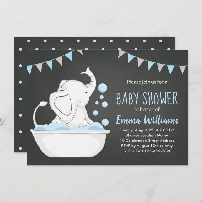 Cute Elephant Baby Shower Invitation for Boy Blue (Front/Back)