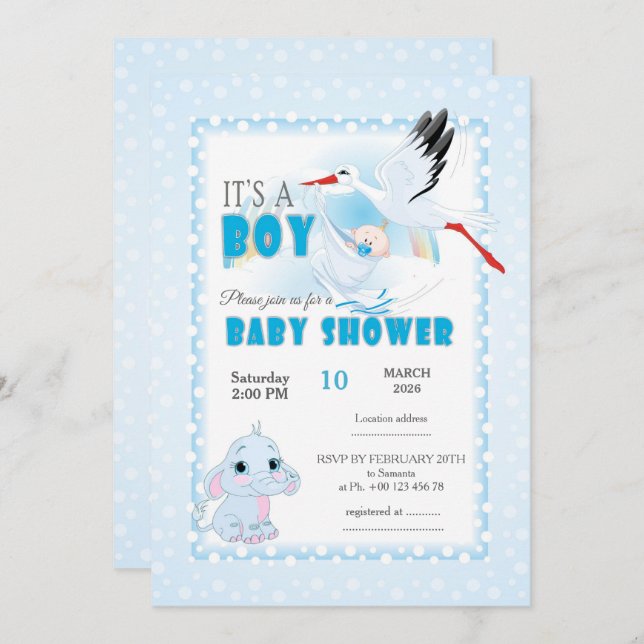 Cute Elephant Baby Shower Invitation. It is a boy Invitation (Front/Back)