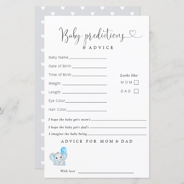 Cute Elephant Baby Shower Predictions Advice (Front/Back)