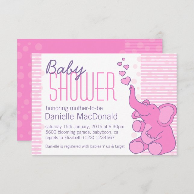 Cute Elephant baby shower pretty pink invitation (Front/Back)