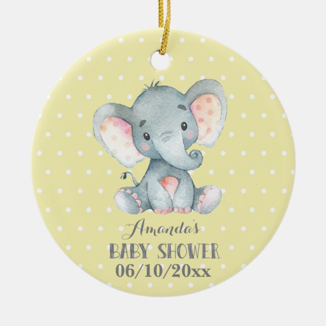 Cute Elephant Baby Shower Yellow and Grey Ceramic Tree Decoration (Front)