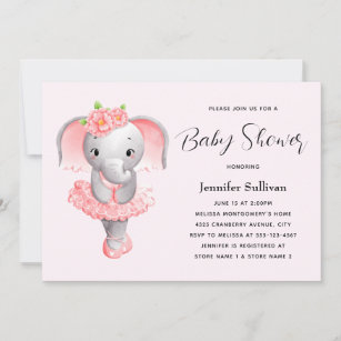 Cute Elephant Ballerina Pink & Grey Baby Shower Invitation