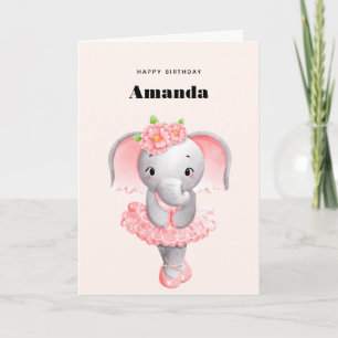 Cute Elephant Ballerina Pink & Grey Birthday Card