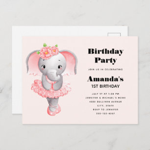 Cute Elephant Ballerina Pink & Grey Birthday Invitation Postcard