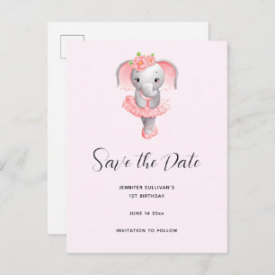 Cute Elephant Ballerina Pink & Grey Save the Date Invitation Postcard