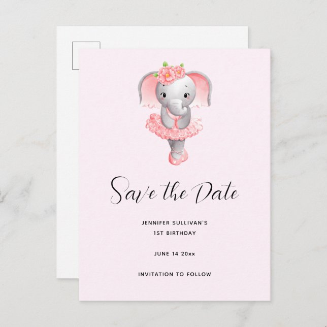 Cute Elephant Ballerina Pink & Grey Save the Date Invitation Postcard (Front/Back)