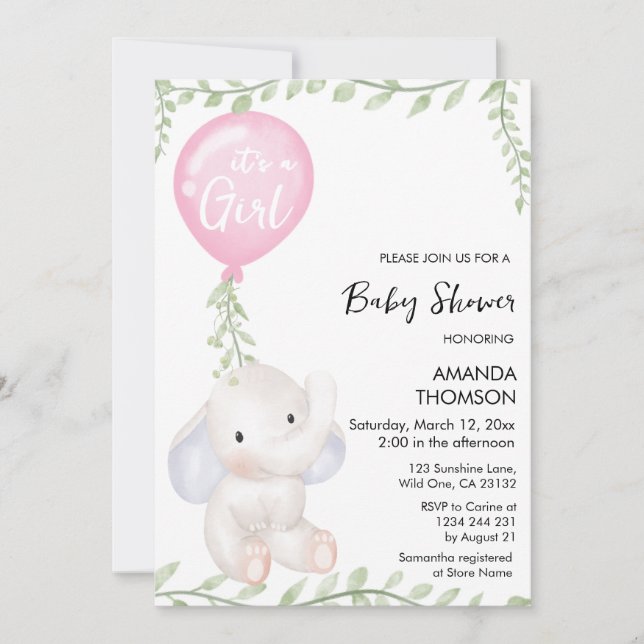 Cute Elephant balloon baby shower Invitation (Front)