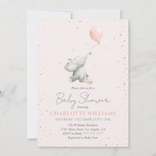 Cute Elephant Balloon Pink Gold Girl Baby Shower Invitation