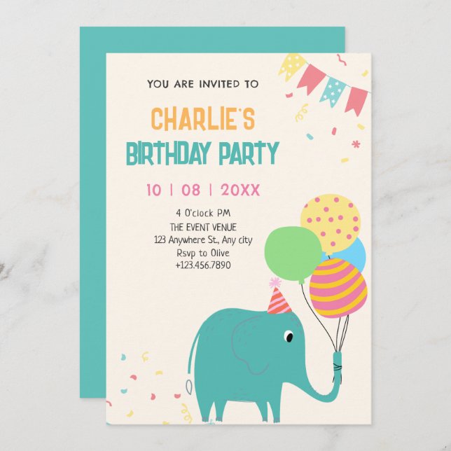 Cute elephant balloons birthday invitation (Front/Back)