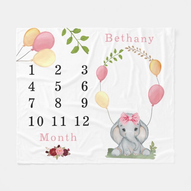 Cute Elephant Balloons Girl Milestone Fleece Blanket (Front (Horizontal))