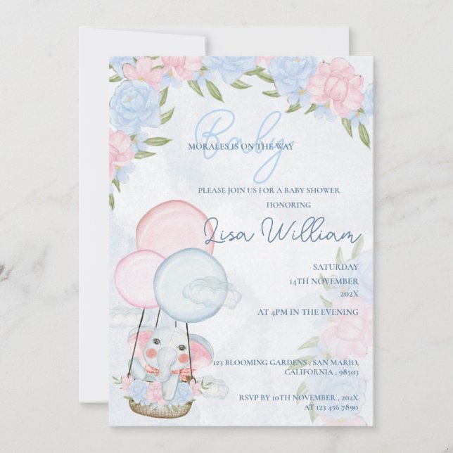 Cute Elephant Balloons Pink Floral Baby Shower  Invitation (Front)