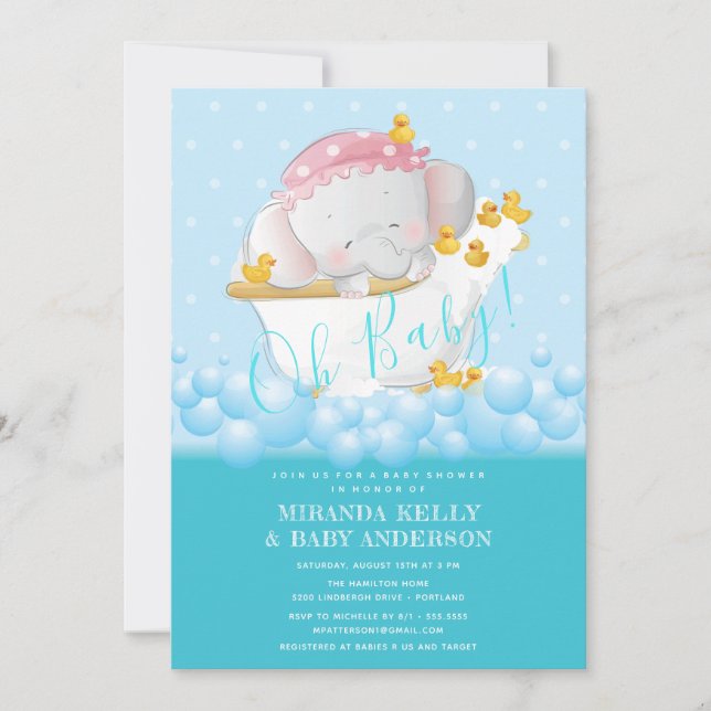 Cute Elephant Bath Baby Shower Invitation (Front)
