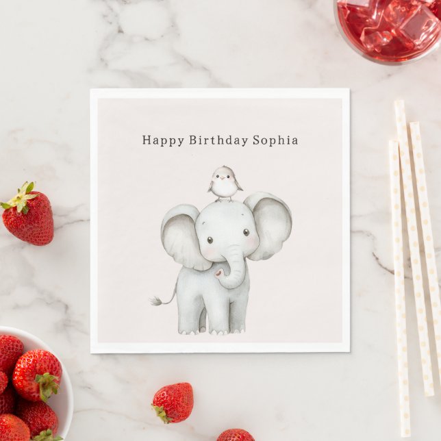 Cute Elephant Bird Birthday Napkin (Insitu)