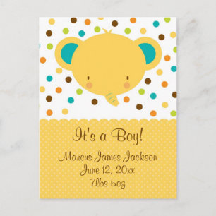 Cute Elephant Birth Announcement It's a Boy Postcard
