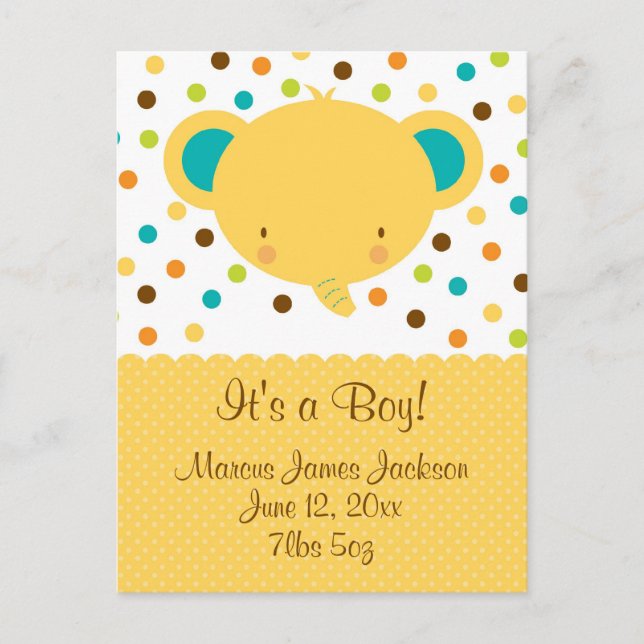 Cute Elephant Birth Announcement It's a Boy Postcard (Front)