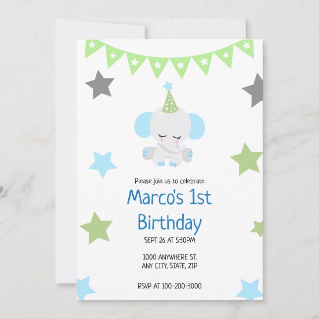 Cute Elephant Birthday Invitation for Boys (Front)