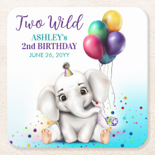 Cute Elephant Birthday Party Square Paper Coaster