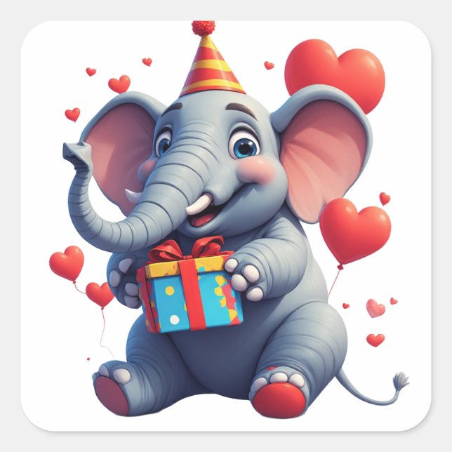 Cute Elephant Birthday Party With Gift 🎁 Square Sticker (Front)
