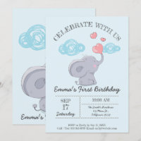 Cute Elephant Blowing Heart Bubbles. Birthday