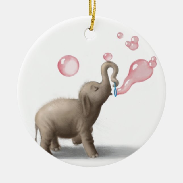 cute elephant blowing pink bubbles ceramic tree decoration (Front)