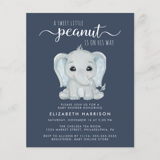 Cute Elephant Blue Baby Boy Shower Invitation (Front)