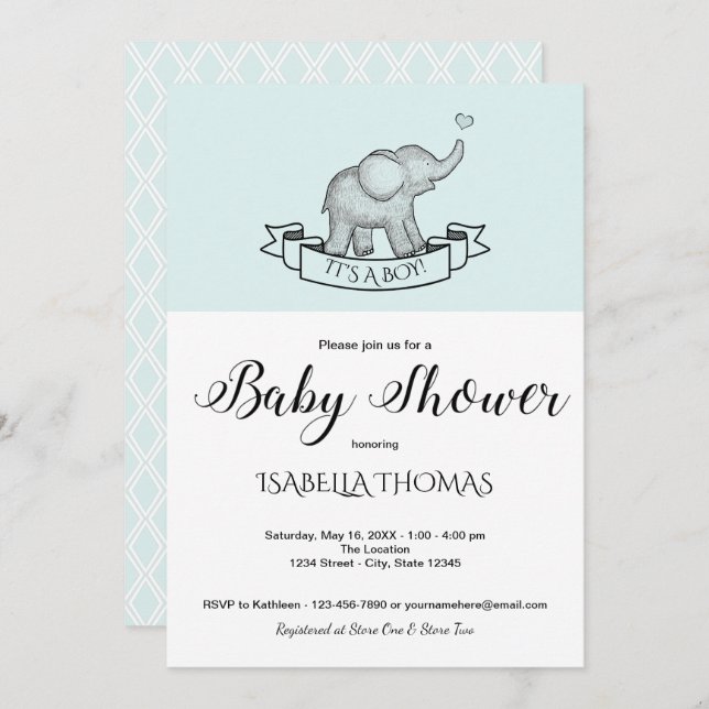 Cute Elephant Blue Baby Shower Invitation (Front/Back)