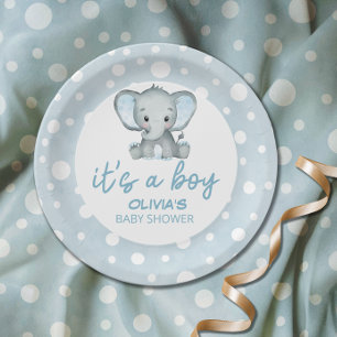 Cute Elephant blue Baby Shower Paper Plate