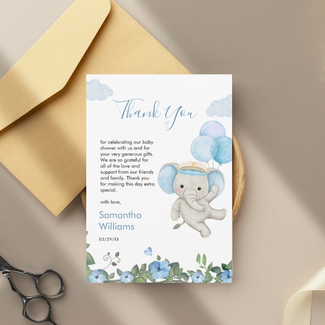 Cute Elephant Blue Balloon Floral Baby Shower Thank You Card (Creator Uploaded)