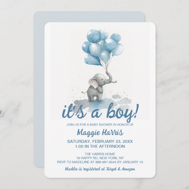 Cute Elephant Blue Baloons It's a Boy Baby Shower Invitation (Front/Back)