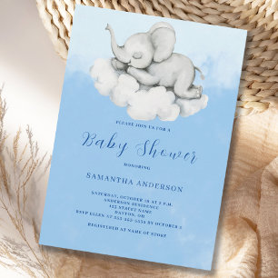 Cute Elephant Blue Boy Baby Shower Invitation