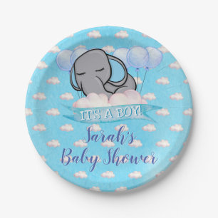 Cute Elephant Blue Boy Baby Shower Watercolor Paper Plate