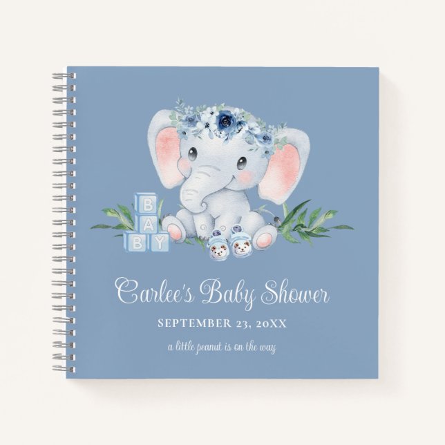 Cute Elephant Blue Floral Boy Baby Shower Notebook (Front)