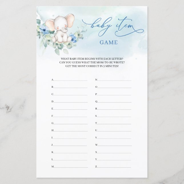 Cute elephant blue flowers greenery Baby Item Game (Front)