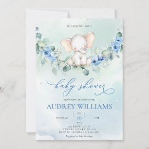 Cute Elephant Blue Flowers Invitation