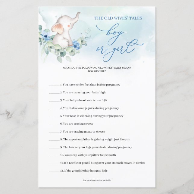 Cute elephant blue Guess Boy Or Girl tales game (Front)