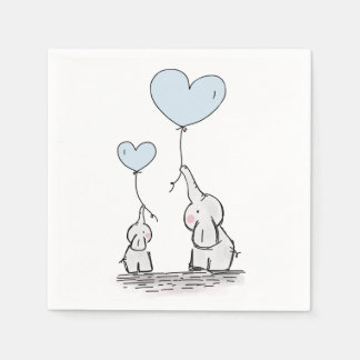 Cute Elephant Blue Heart Balloons Boy Baby Shower Napkin