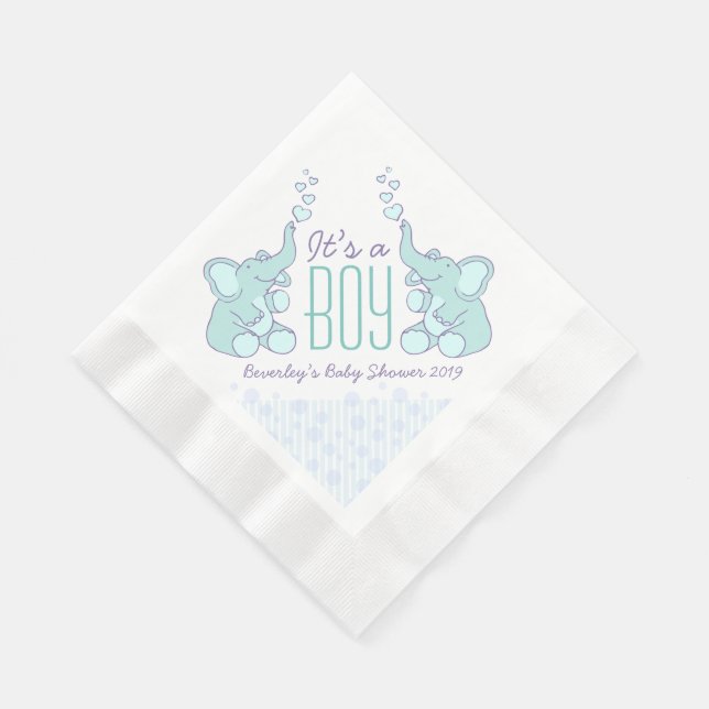 Cute Elephant blue named baby shower boy napkin (Corner)