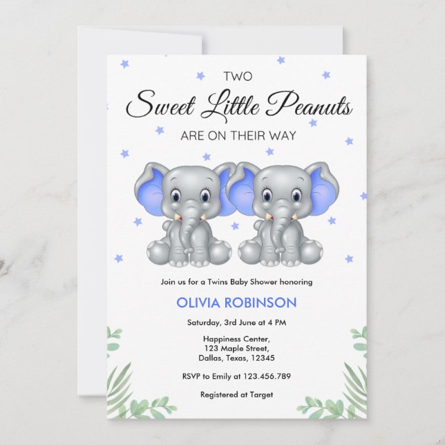 Cute Elephant Blue Twin Boys Baby Shower  Invitation (Front)