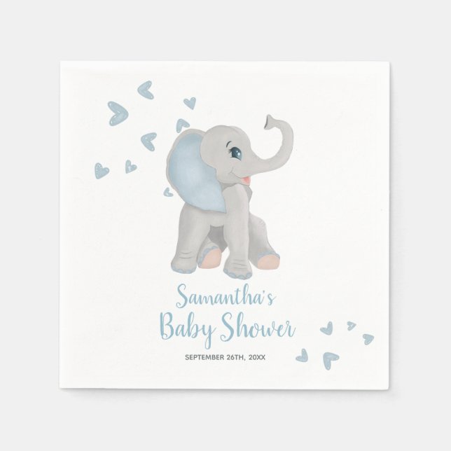 Cute Elephant Blue Watercolor Baby Shower Elegant Napkin (Front)