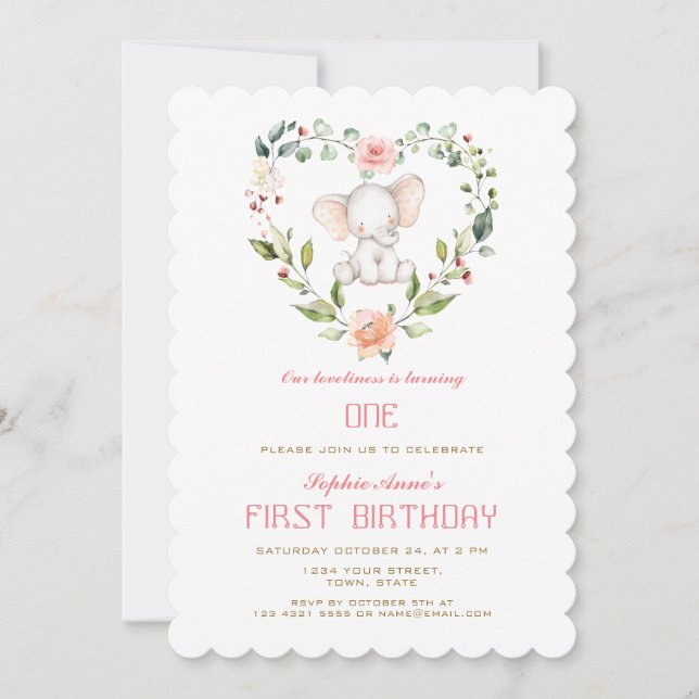 Cute Elephant Blush Floral Heart Girl 1st Birthday Invitation (Front)