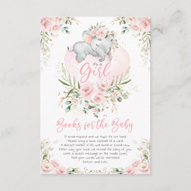 Cute Elephant Blush Gold Floral Books for Baby Enclosure Card (Front)