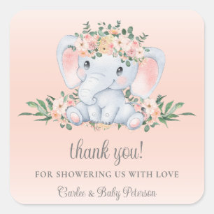 Cute Elephant Blush Pink Floral Girl Baby Shower Square Sticker