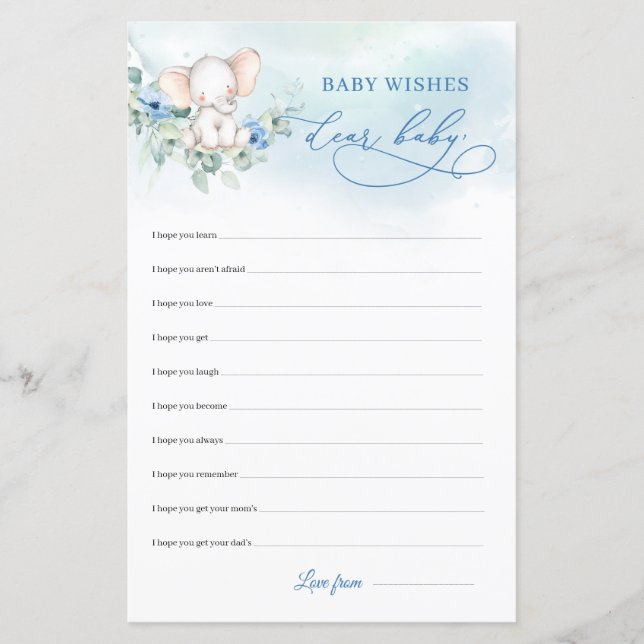 Cute elephant boho blue flowers Dear Baby Wishes (Front)