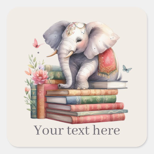 Cute elephant book lovers add text  square sticker (Front)