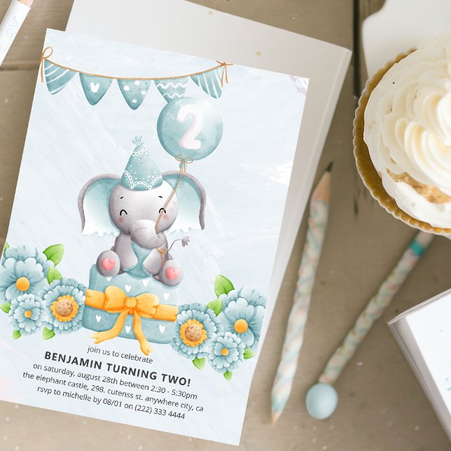 Cute Elephant Boy 2nd Birthday Party Invitation (Creator Uploaded)