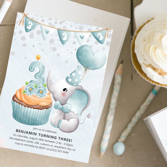 Cute Elephant Boy 3rd Birthday Party Invitation (Creator Uploaded)
