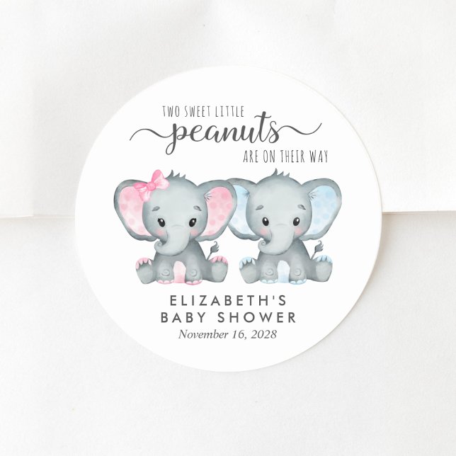 Cute Elephant Boy And Girl Twin Baby Shower Classic Round Sticker (Creator Uploaded)