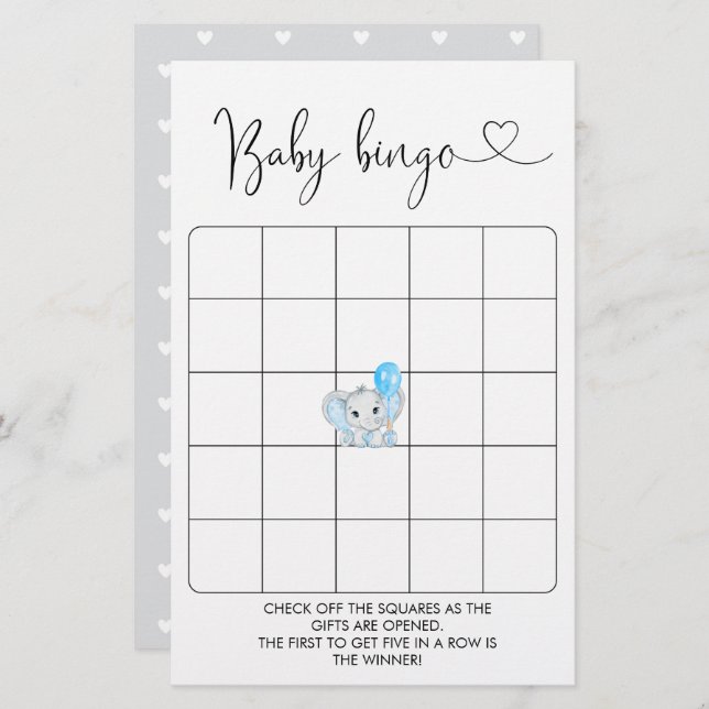 Cute Elephant Boy Baby Shower Bingo Game (Front/Back)