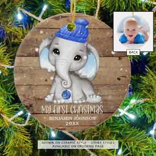 Cute Elephant Boy Baby's FIRST CHRISTMAS Photo Ceramic Tree Decoration